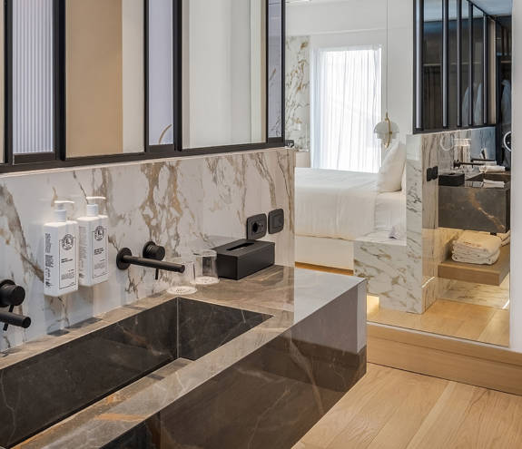 Ethereal White Resort Heraklion Luxury Suite washbasin and amenities